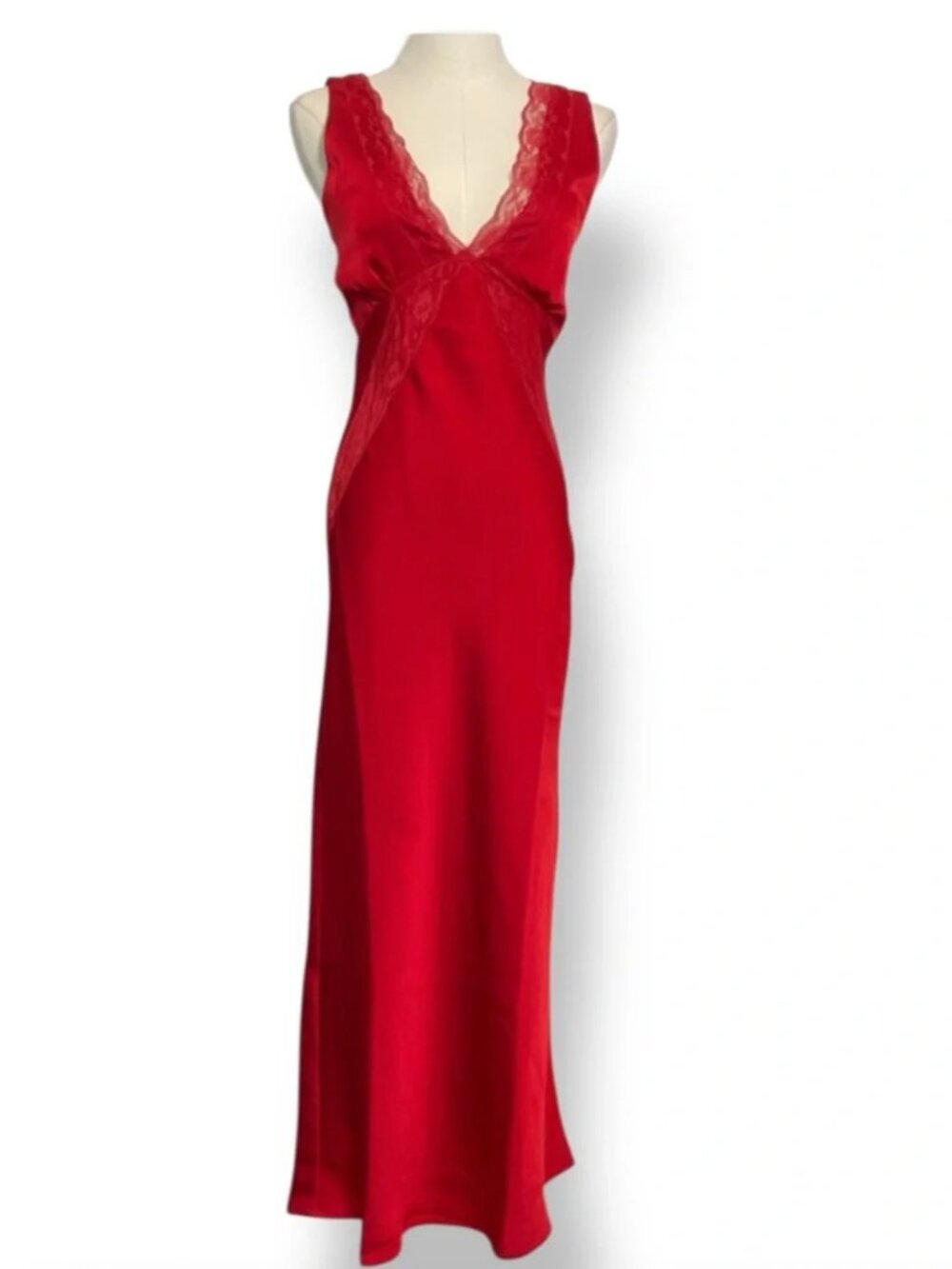 Slip Dress Satin Maxi Red Lace Trim Long Lingerie Gown Size Large Formal